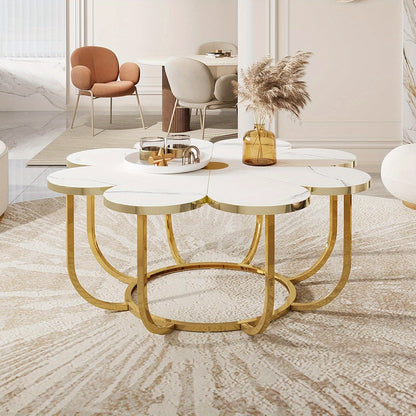 Salontafel – Tafel – Koffietafel – Bijzettafel – Lounge Tafel – Wit en Goud – Bloemvormig Kunstmarmeren Blad – Stevig Metalen Frame 100 cm