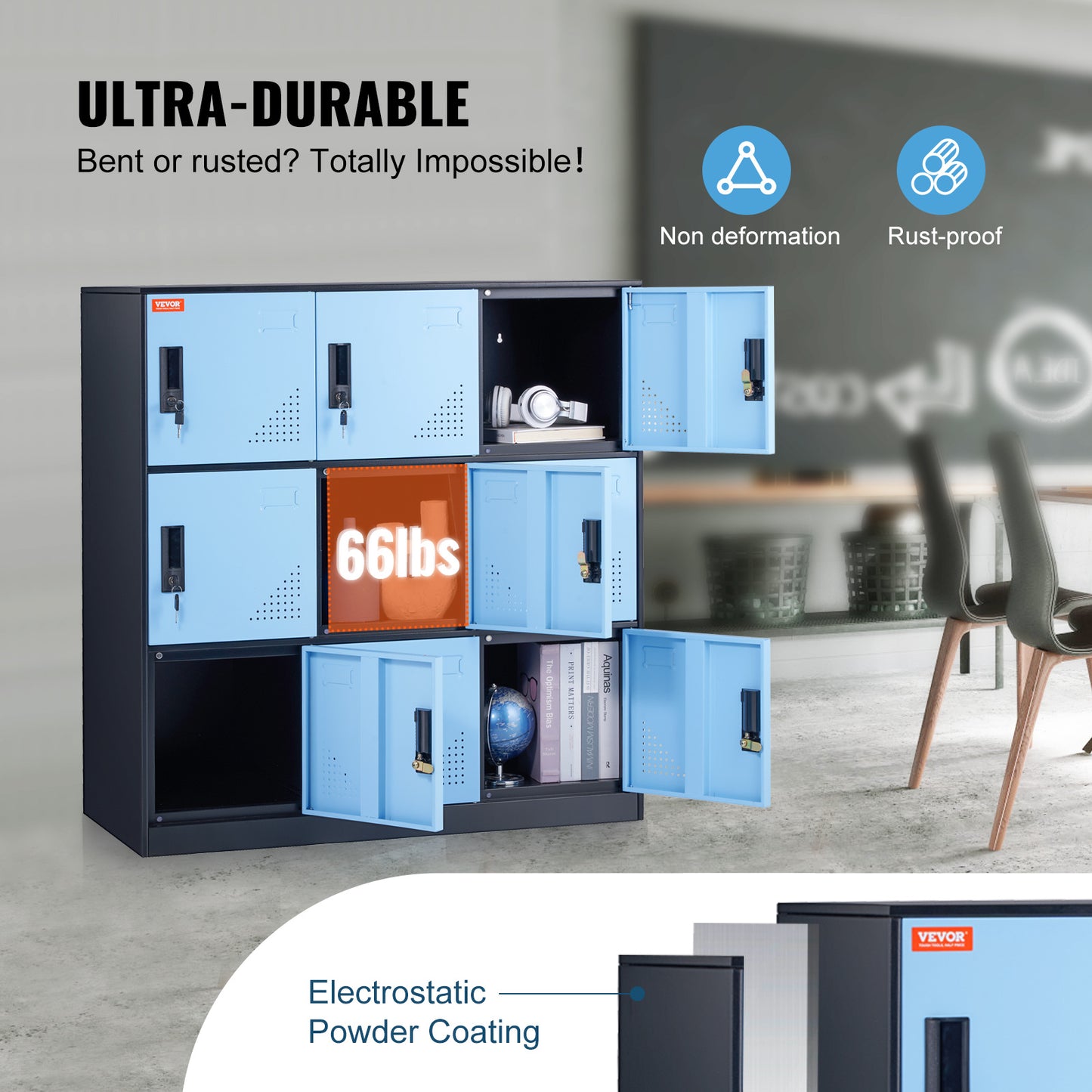 Lockerkast – Opbergkast – Kledingkast – Metalen Kast – Lockers – 9 Deuren Met Slot – Robuust Stalen Design 90x45x94 cm - Zwart-Blauw