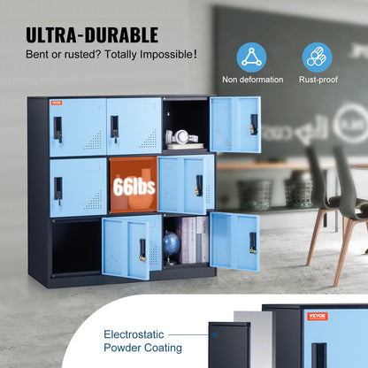 Lockerkast – Opbergkast – Kledingkast – Metalen Kast – Lockers – 9 Deuren Met Slot – Robuust Stalen Design 90x45x94 cm - Zwart-Blauw