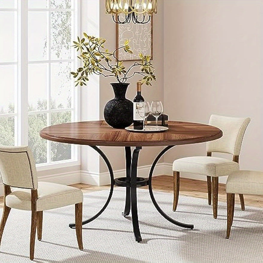 Eettafel – Ronde Tafel – Keukentafel – Eetkamertafel – Tafeltje – 119 cm Diameter – Lichtgrijs Houtlook – Stevig Zwart Metalen Onderstel