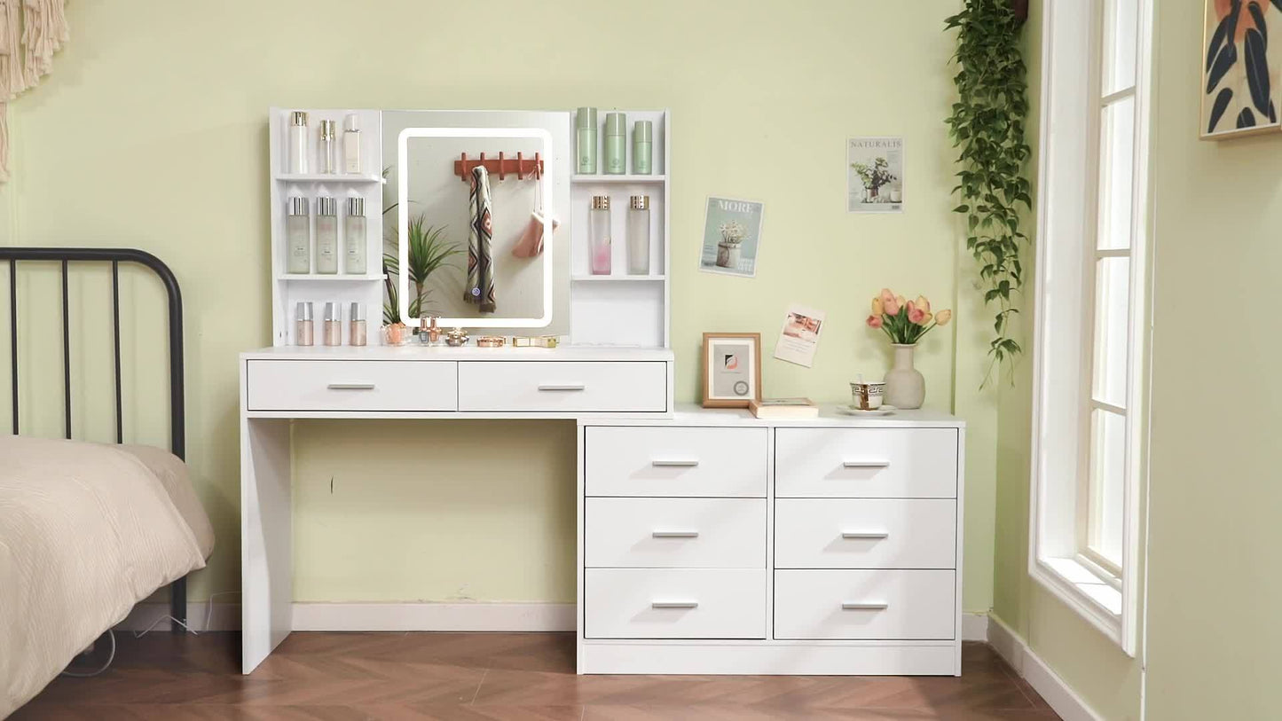 Toilettafel – Kaptafel – Make-up Tafel – Opmaaktafel – Hoekmake-uptafel – Verlichte Spiegel – Ingebouwd Stopcontact – 8 Laden – Ruim Werkblad – Wit – Eenvoudige Montage