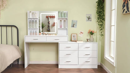 Toilettafel – Kaptafel – Make-up Tafel – Opmaaktafel – Hoekmake-uptafel – Verlichte Spiegel – Ingebouwd Stopcontact – 8 Laden – Ruim Werkblad – Wit – Eenvoudige Montage