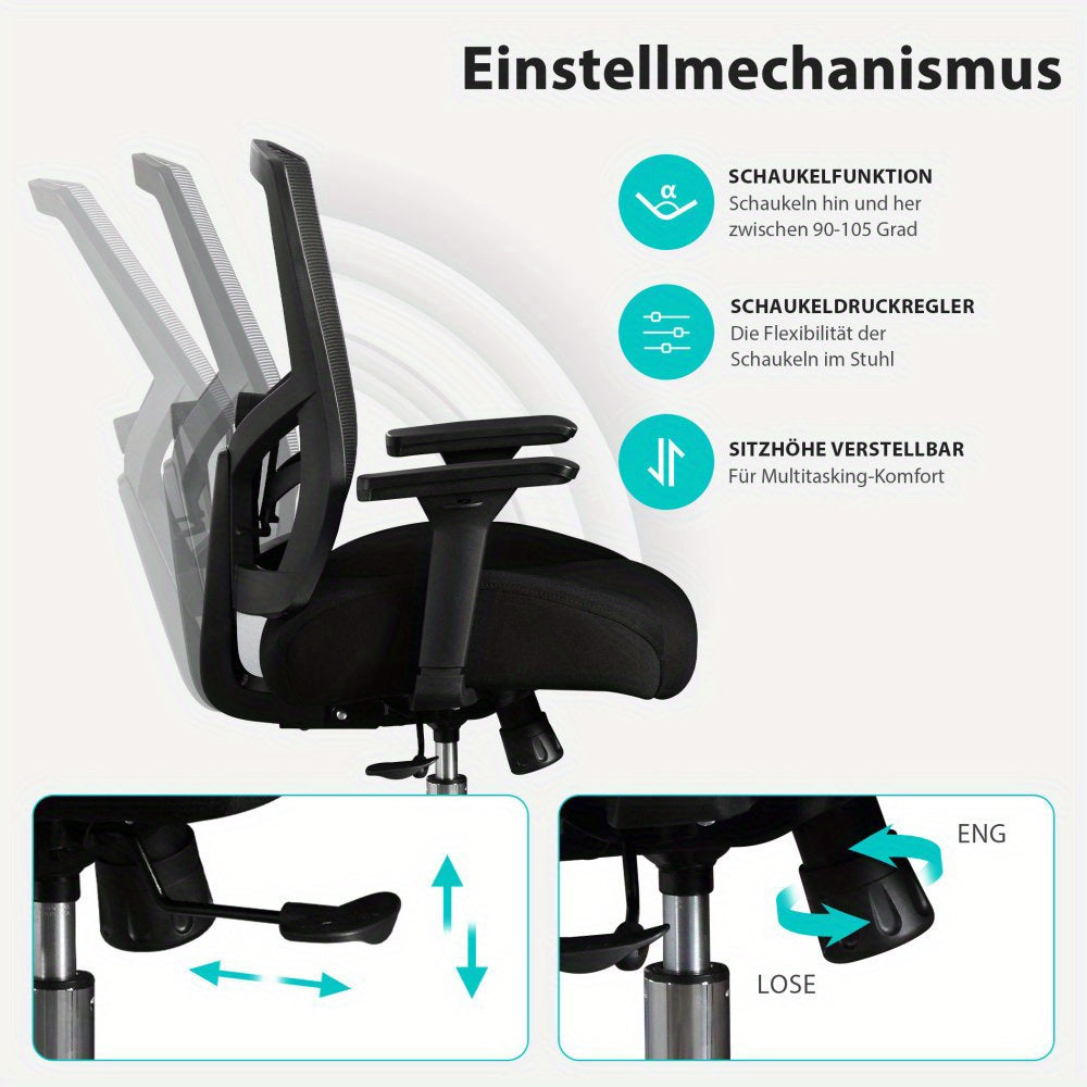 Bureaustoel – Kantoorstoel – Gamingstoel – Desk Chair – Office Chair – Ergonomisch – 200 kg Draagvermogen – Ademend Mesh – Verstelbare Lendensteun – 3D Armleuningen – Kantelmechanisme 105° – Traagschuim Zitting – Metaal Frame – Zwart