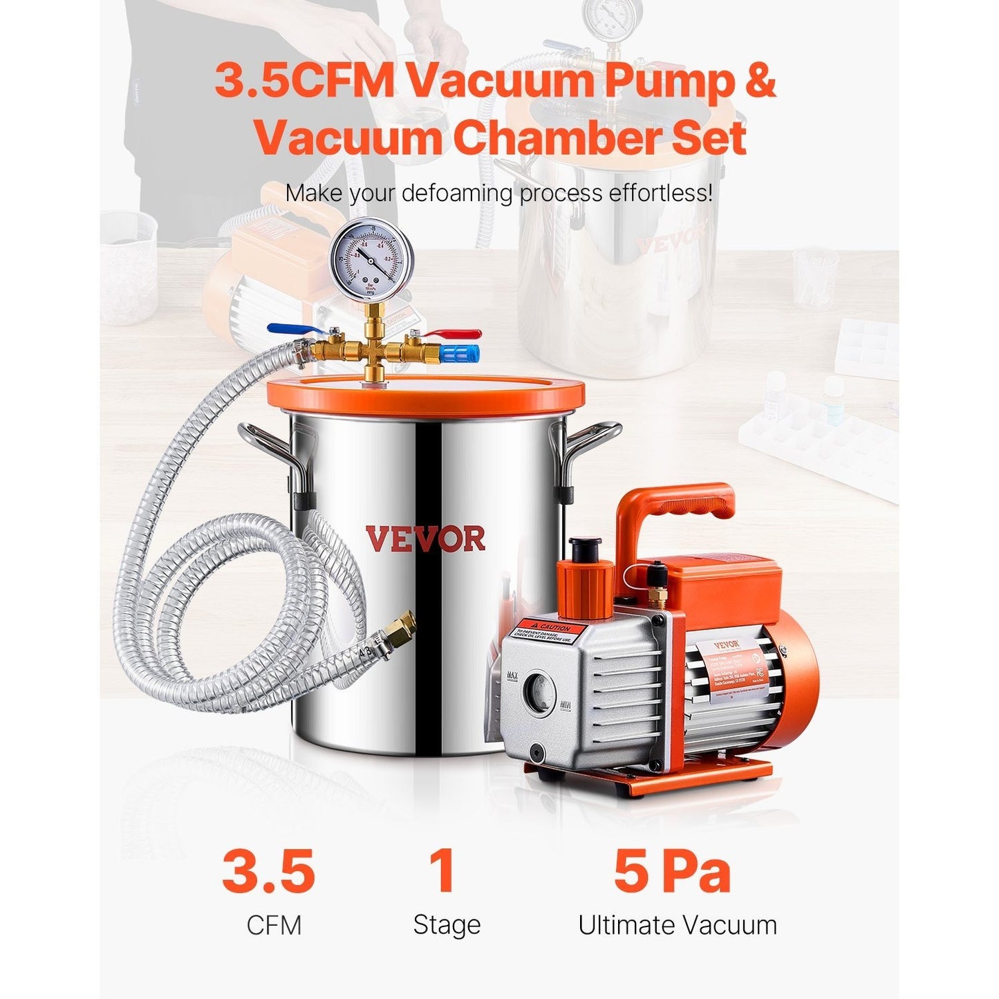 Vacuümkamer – Vacuümpomp – Ontgassingskamer – Vacuum Set – Laboratoriumkamer – Roestvrij Staal – 3,5 CFM Pomp