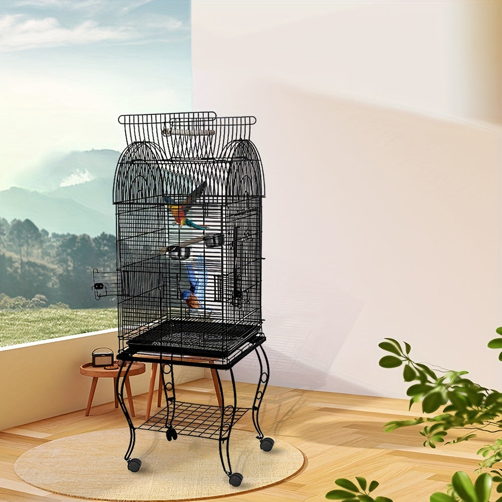 Vogelkooi – Parkietenkooi – Kanariekooi – Papegaaienkooi – Volière – Gepoedercoat Metaal – Open Bovenkant Met Rolstandaard 59x59x150 cm Zwart