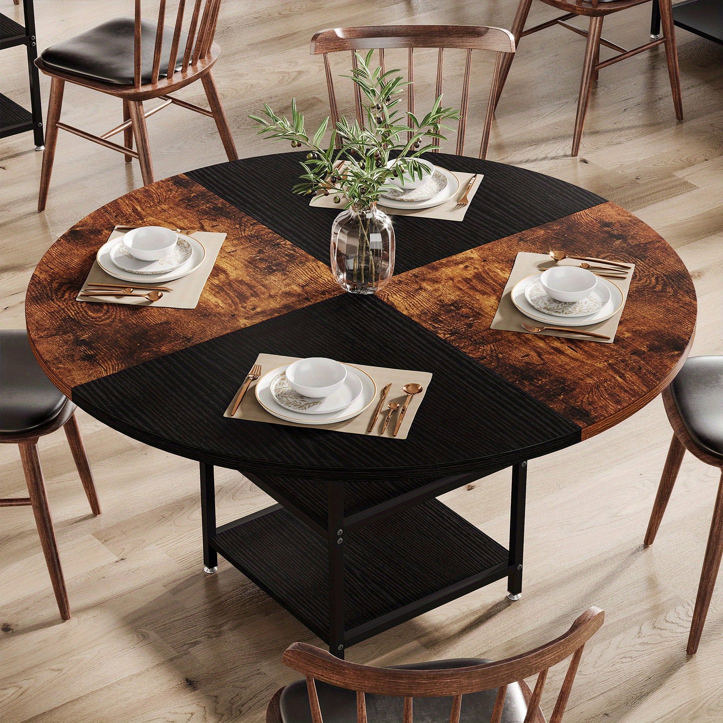 Ronde Vergadertafel – Vergadertafel, Trainingstafel, Eettafel, Bureautafel – 120 cm Diameter – Zwartbruine Afwerking – 2-Laags Opbergrek – Verstelbare Voetjes