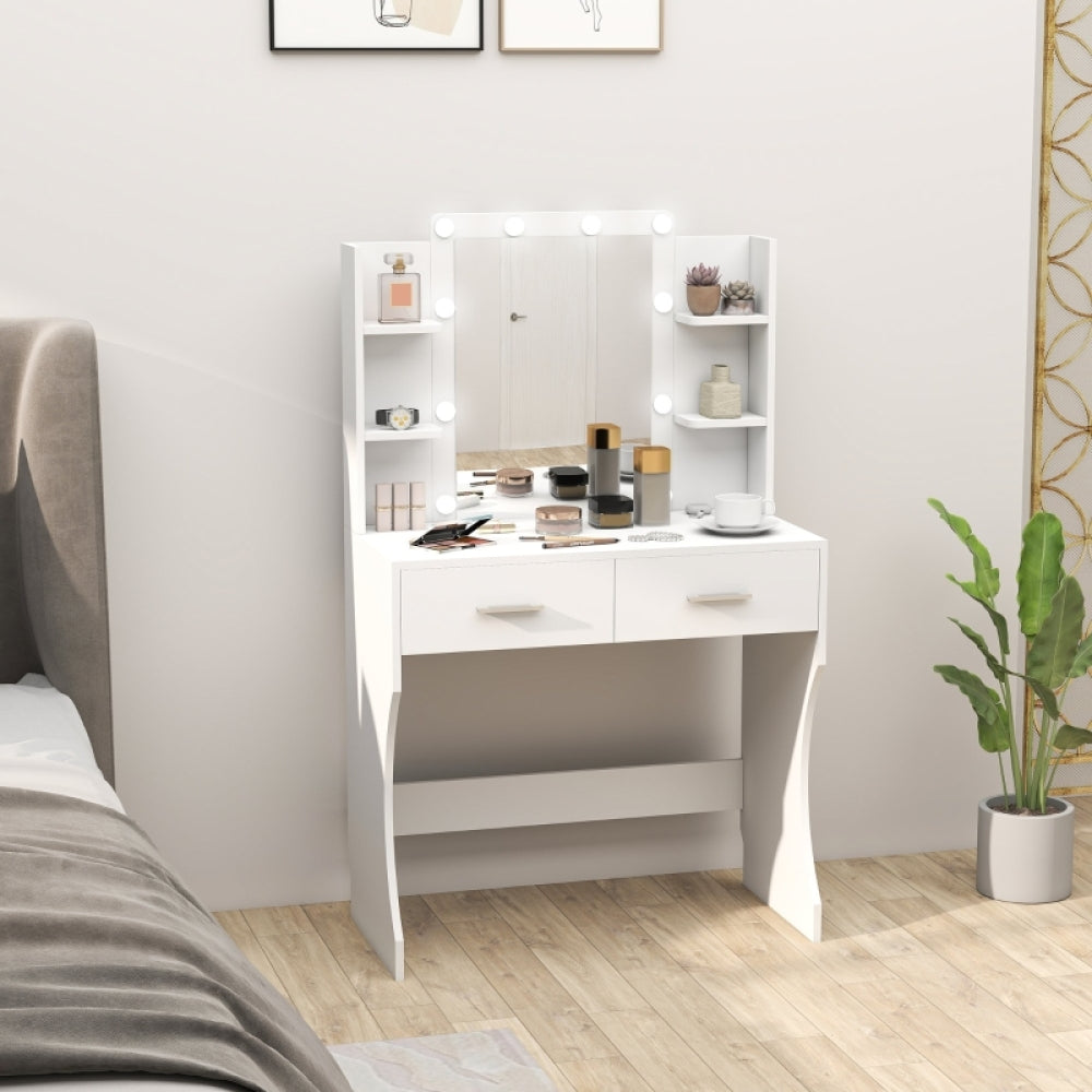 Make-up Tafel – Vanity Table – Dressing Table – Make-up Bureau – Schoonheidstafel – Wit – Compact Ontwerp – Stevig Metalen Frame – Lage Hoogte – 2 Lades & Open Planken