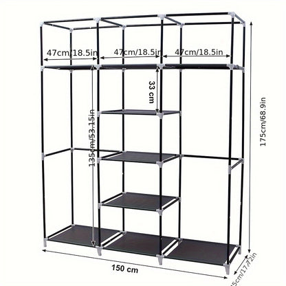 Non-woven Wardrobe Organizer with 3 Doors And 12 Shelves | Large-capacity 150x45x175cm Closet System for Bedrooms/dorms | Space-saving Design with Clothes Rail | Easy to Assemble (black, Ideal for Rentals/small Spaces)
