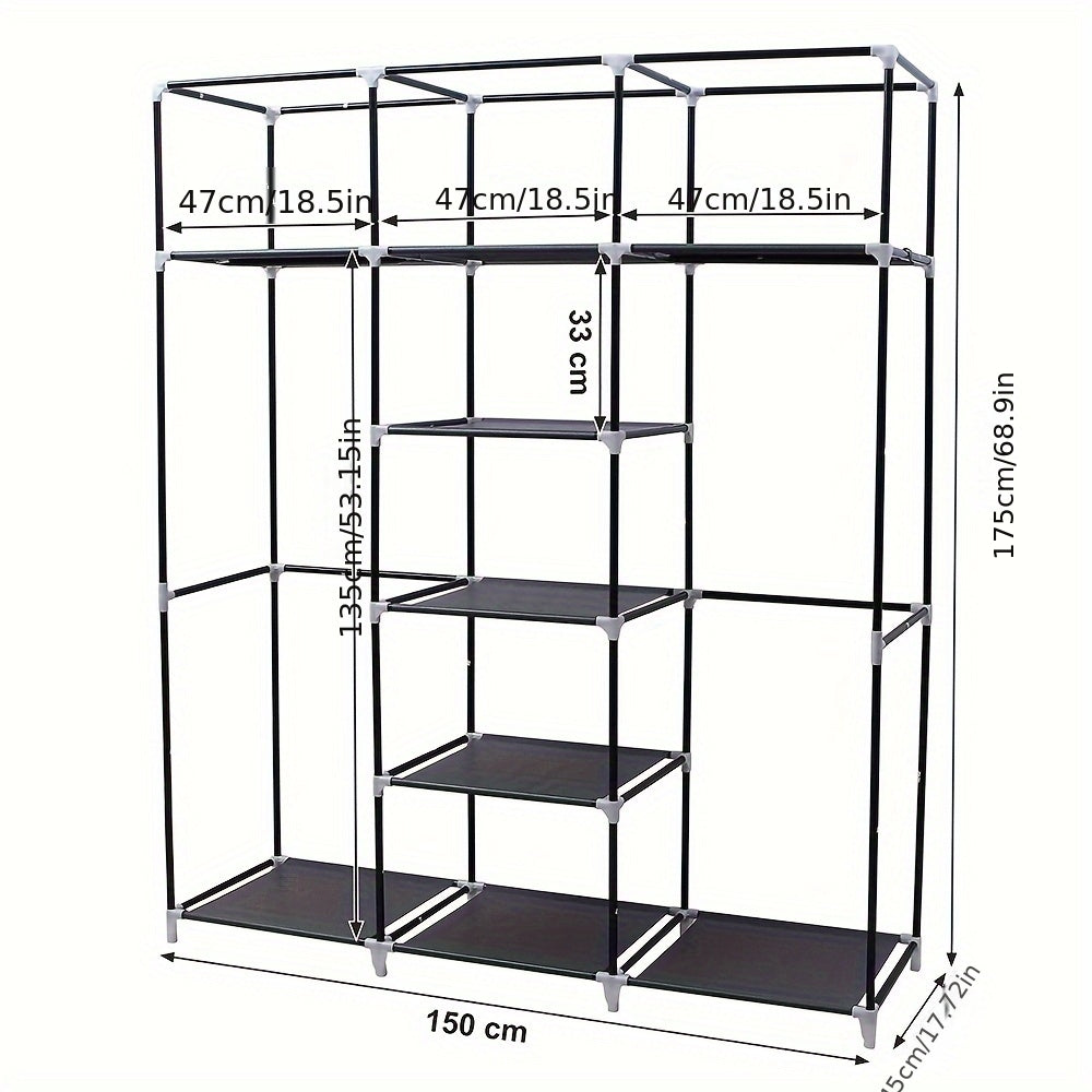 Kledingkast – Garderobekast – Kleerkast – Opbergkast – Garderobe – Grote Inhoud 150x45x175 cm – Lichtgewicht Niet-Geweven Stof – Met 3 Deuren en Kledingroede