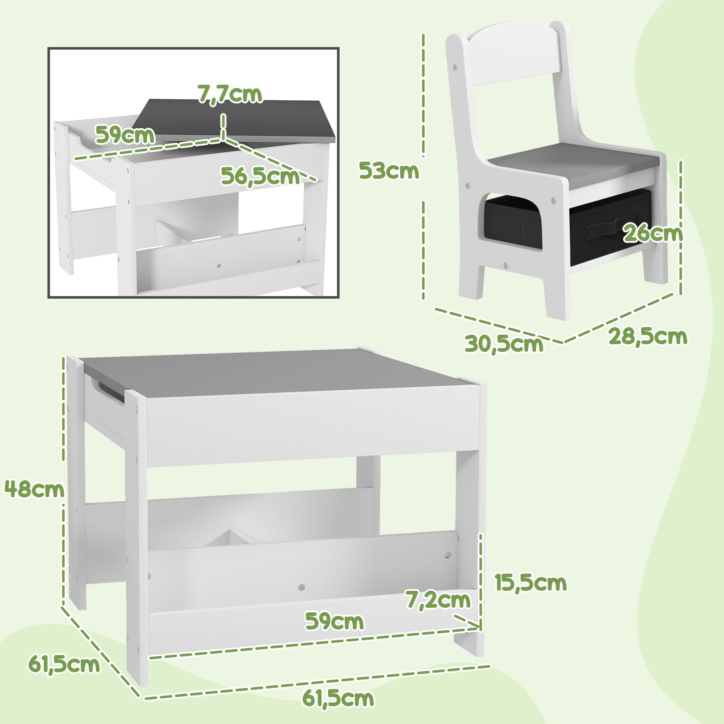Kinderbureau Set – Kindertafel – Kindertafel Met Stoelen – Speeltafel – Tafel Met Opbergruimte – Omkeerbaar Tafelblad – Eenvoudig Schoon Te Maken – Grijs