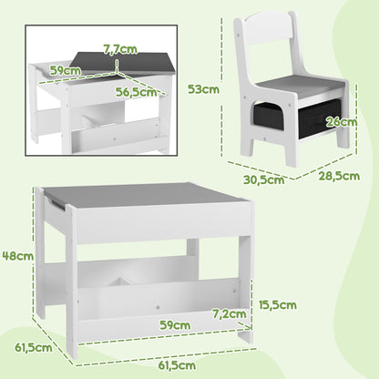 Kinderbureau Set – Kindertafel – Kindertafel Met Stoelen – Speeltafel – Tafel Met Opbergruimte – Omkeerbaar Tafelblad – Eenvoudig Schoon Te Maken – Grijs