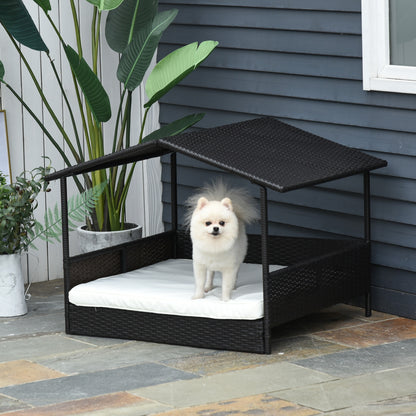 Hondenmand – Hondenbed – Hondenhuis – Hondenkussen – Overkapte Mand – Weerbestendig PE-Rattan – Verhoogd Met Antislip Poten – Koffiebruin – 69x98x70 cm