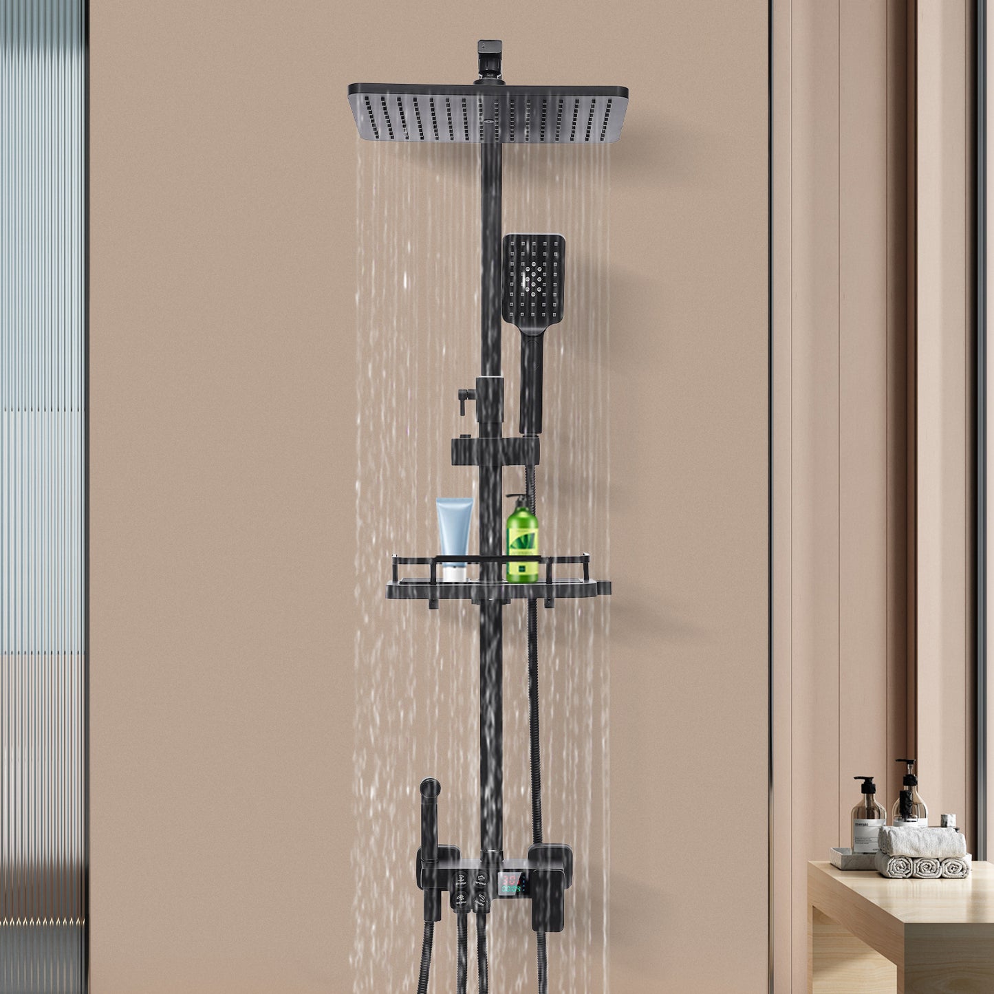 Regendouche – Douche Set – Doucheset – Douchesysteem – Handdouche – Mat Zwart – Roestvrij Staal – Verstelbare Hoogte – Ingebouwde Opbergrek