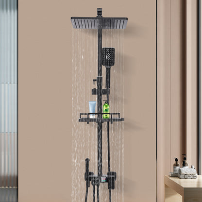 Regendouche – Douche Set – Doucheset – Douchesysteem – Handdouche – Mat Zwart – Roestvrij Staal – Verstelbare Hoogte – Ingebouwde Opbergrek