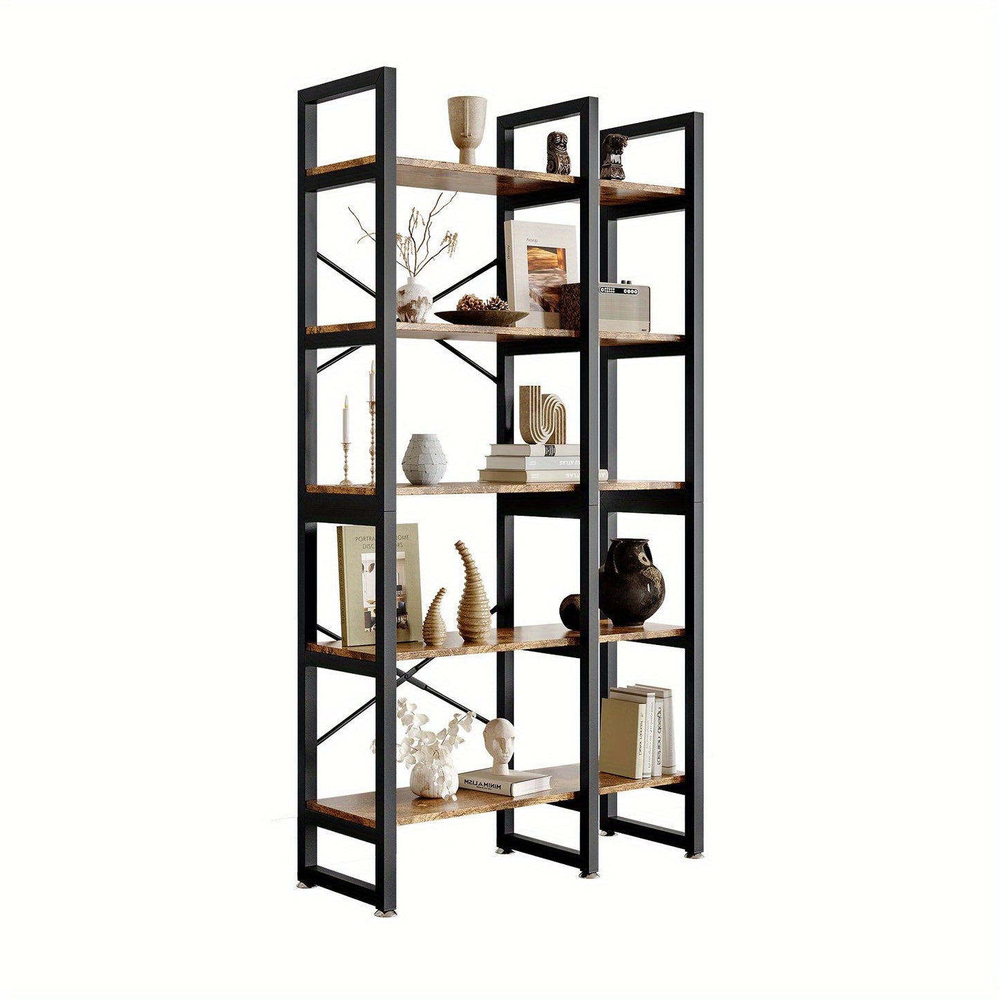 Boekenplank – Boekenrek – Wandplank – Wandrek – Opbergplank – 5-laags – Hout en Metalen Frame – Stevig en Compact – Makkelijk te Monteren