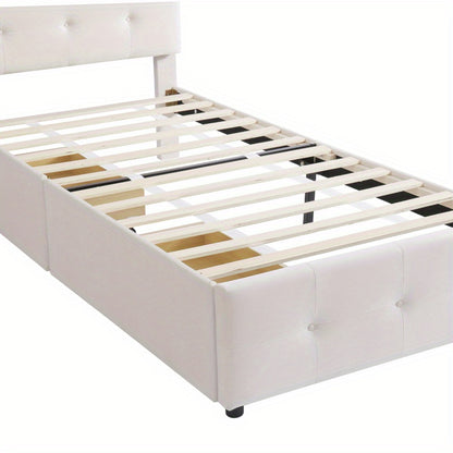Bedbank – Slaapbank – Logeerbed – Eenpersoonsbed – Bed – Lichtbeige Gestoffeerd – Lattenbodem – 2 Grote Opberglades