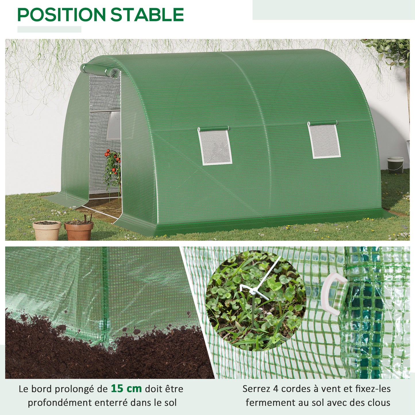 Outsunny Garden Greenhouse Tunnel 9 m² dim. 3L x 3l x 2H m - 4 windows, Roll-up Zippered Door - Tubular Chassis Galvanized Steel, High Density PE Cover Green, Protects Plants From Cold Rain Insects Birds, Ideal For Flowers V
