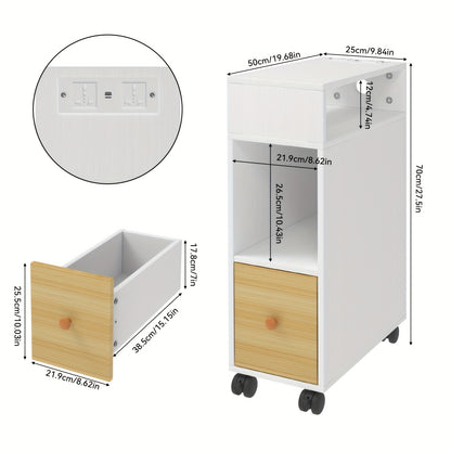 2pcs End Table Small Night Stand for Small Spaces, 50x25x70cm Narrow Side Tables Bedside Table with Drawer Rolling Open Storage Shelf with Wheels for Living Room Bedroom