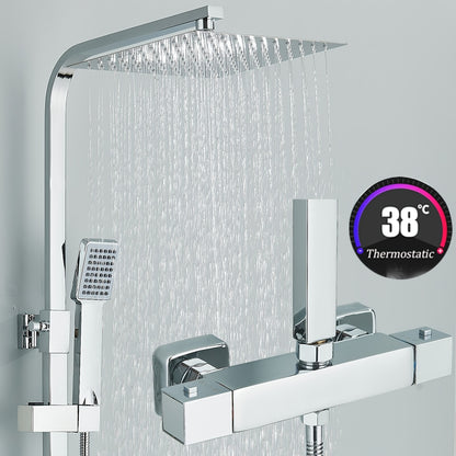 Thermostatische Doucheset – Regendouche – Handdouche – Douchepaneel – Badkamerkraan – Antiek Messing – Verstelbare Hoogte 70-120 cm – 8 Inch Regendouchekop