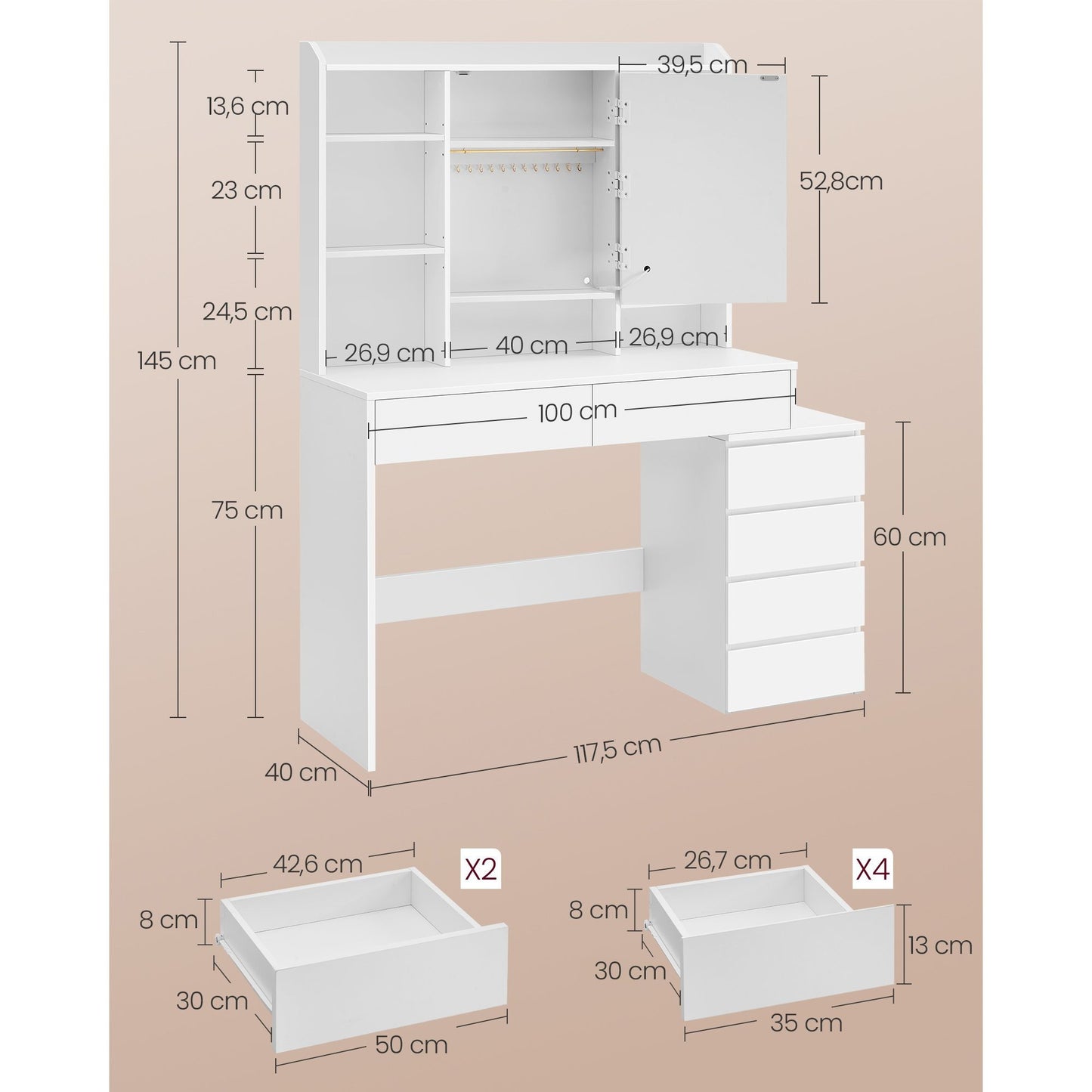 Kaptafel – Make-up Tafel – Cosmeticatafel – Opmaaktafel – Vanity – Met LED Verlichting – Verstelbare Schappen – 40x117,5x145 cm – Cloud White