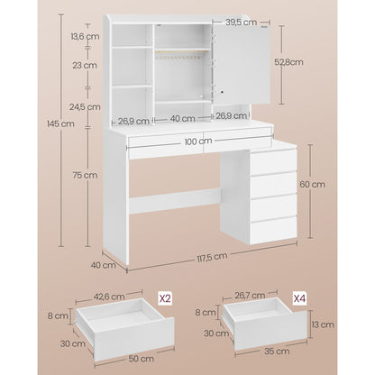 Kaptafel – Make-up Tafel – Cosmeticatafel – Opmaaktafel – Vanity – Met LED Verlichting – Verstelbare Schappen – 40x117,5x145 cm – Cloud White