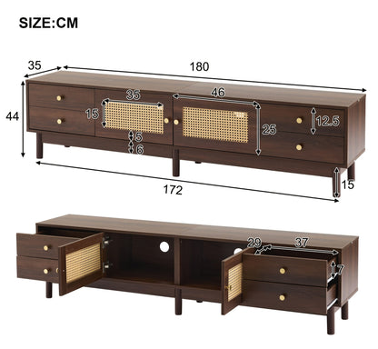Tv-meubel – Tv-standaard – Tv-kast – Tv-buffet – Donker Hout – Rieten Deuren – 179,83 cm Breed – Hydraulische Scharnieren & Kabelmanagement