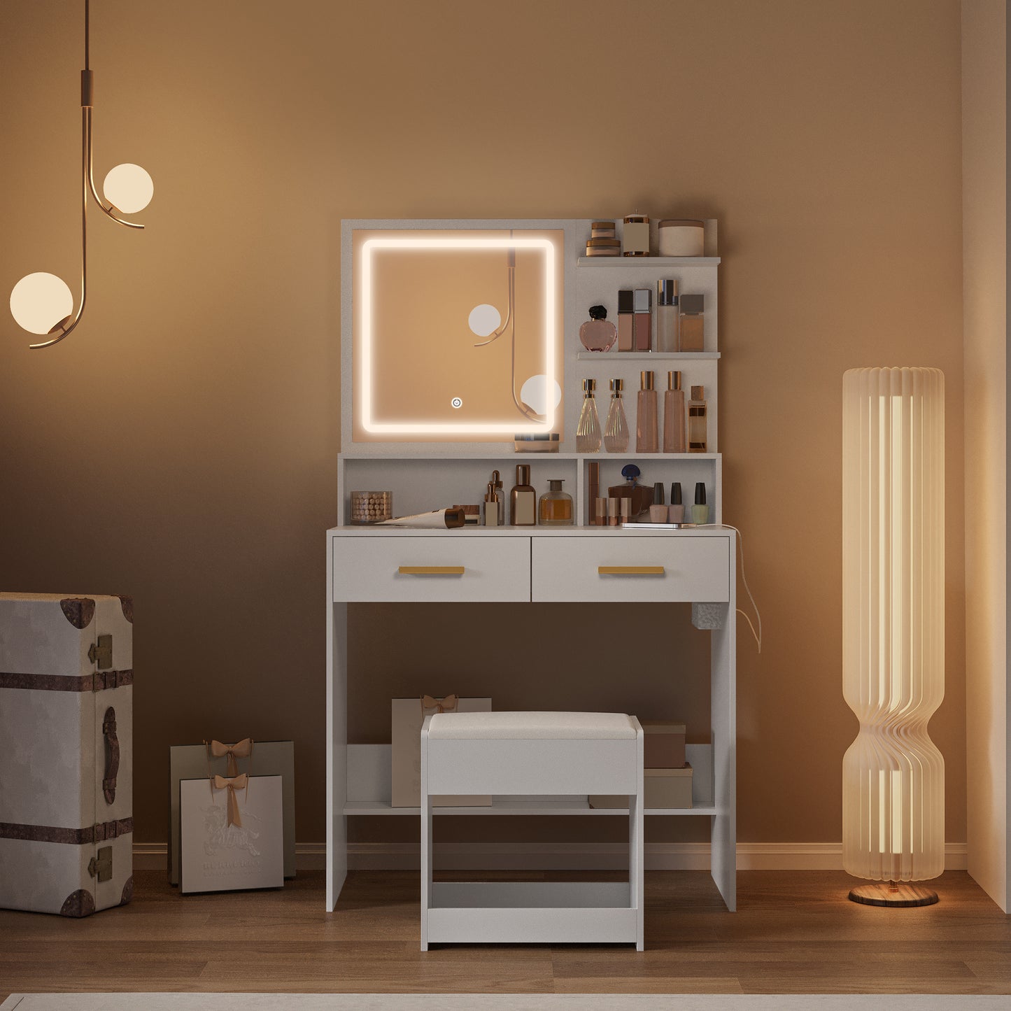 Make-up Tafel – Schminktafel – Visagie Tafel – Kaptafel – Make-up Bureau – Verstelbare LED-verlichting – USB Oplaadstation – Wit – 2 Laden – Zachte Kruk