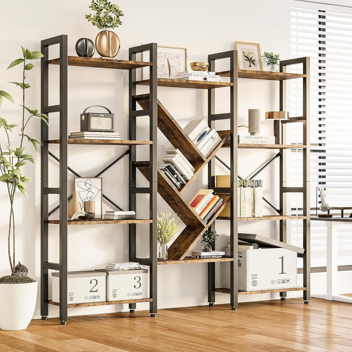 Large Modern 4-Tier Bookshelf with Display Shelf - Heavy-Duty & Metal Frame Bookcase, Freestanding Tall Shelf Unit Suitable for Living Room, Bedroom, Home Office - Assembly, Space-Saving Furniture