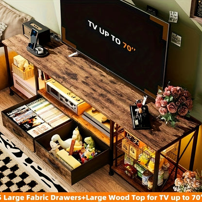 Rustic Industrial Style TV Cabinet 180x40x58cm | Solid Wood with 2 Drawers And Multi-layer Storage Shelves | Low-profile Media Console for European Living Rooms