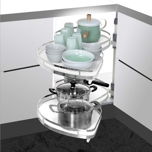 Hoekkast Organizer Keuken – Uittrekbare Kastinrichting – Keukenopberger – Draaiplateau Opberger – Bergsysteem Hoekkast – Pull Out Links & Open Deurtje Rechts – 2 Draaibare Plateaus – Metalen Duurzaam Design