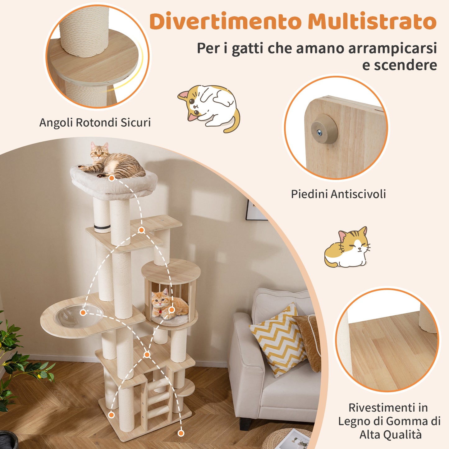 Krabpaal Kat – Krabboom Kattenmeubel – Kattenhuis Krabpaal – Klimmeubel Kat – Krabpaal Natuur – 185 cm Hoog – Anti-Slip Bescherming
