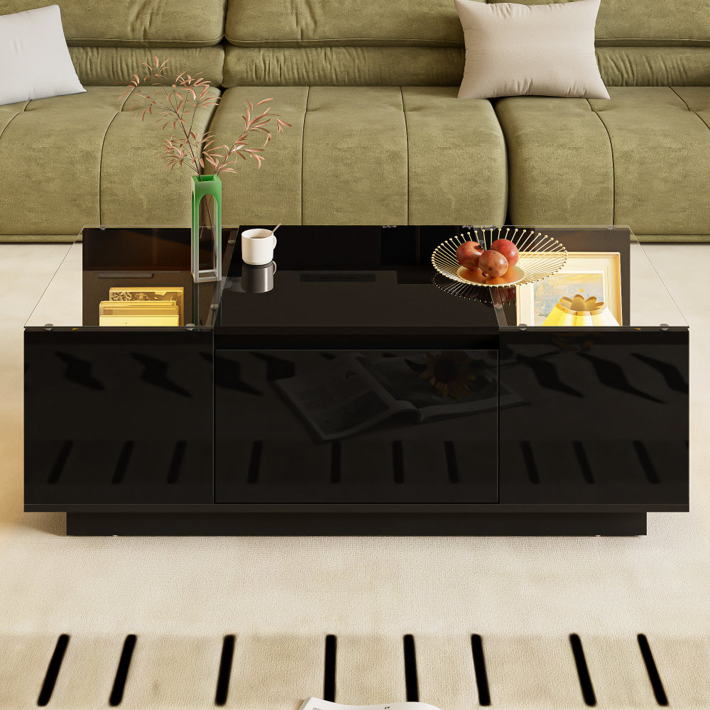 Moderne Salontafel – Woonkamertafel – Opvouwbare Tafel – Hoogglans Tafel – Opbergtabel – 105cm Breed – Glasblad Met 2 Lades – Zwart