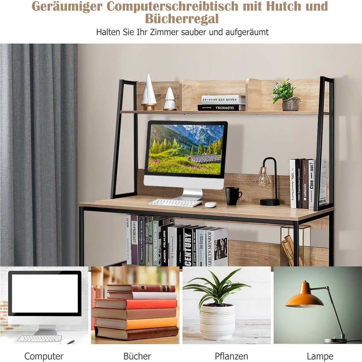 Bureau – Computertafel – Werktafel – Schrijftafel – Tafel – Houten Bureau Met Planken – Stevig Metalen Frame – Verstelbare Voetjes – 120x57 cm – Natuurlijke Houtkleur