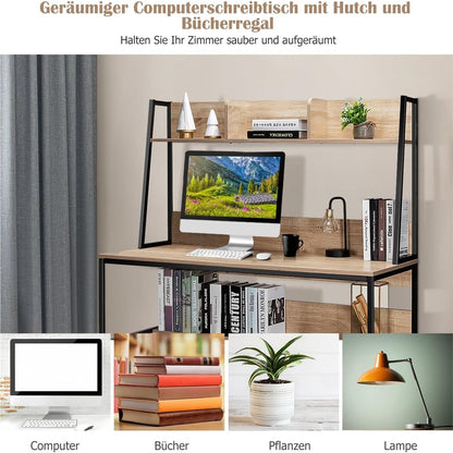 Bureau – Computertafel – Werktafel – Schrijftafel – Tafel – Houten Bureau Met Planken – Stevig Metalen Frame – Verstelbare Voetjes – 120x57 cm – Natuurlijke Houtkleur