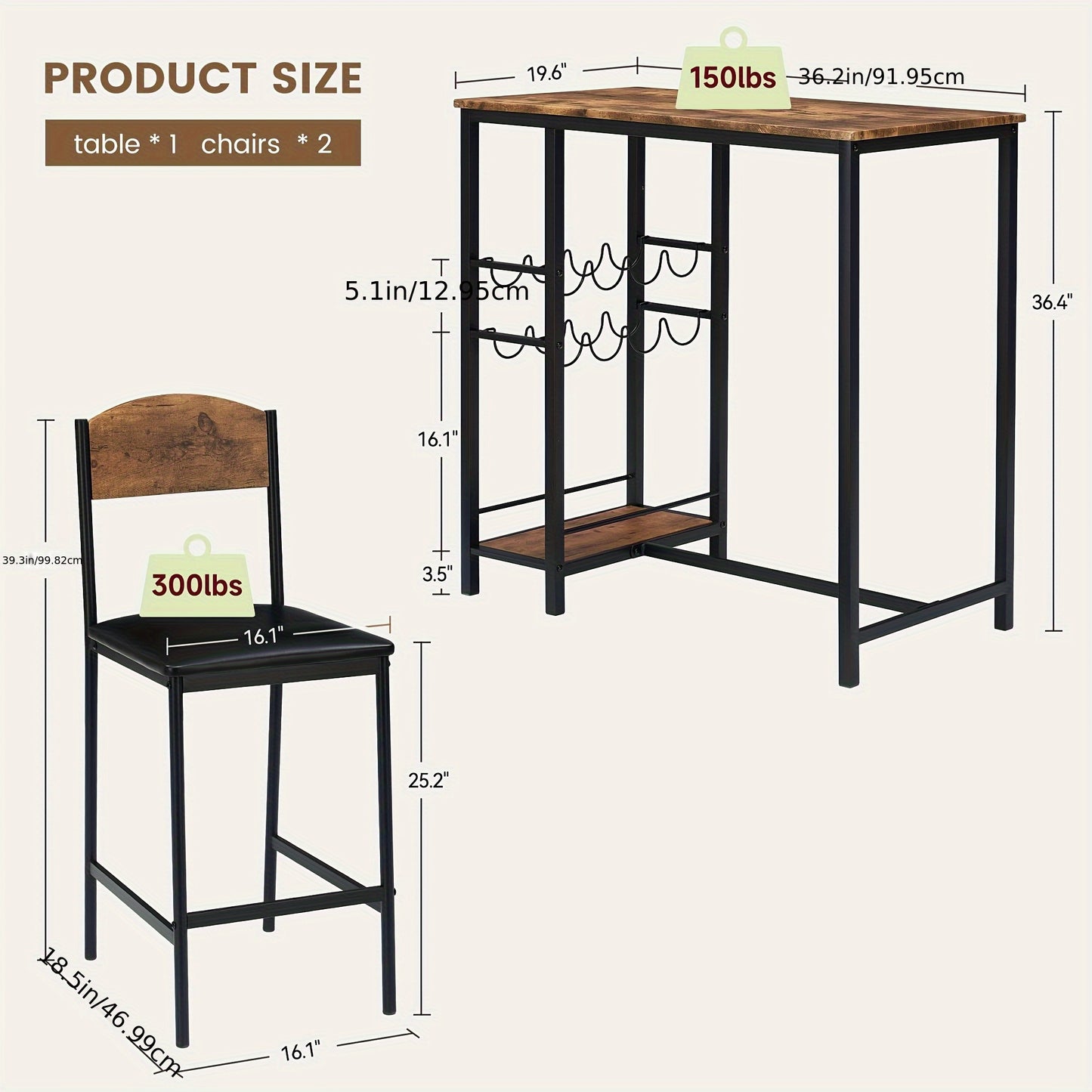 Barset – Bartafel – Barkrukken – Barmeubel – Bistroset – Compact en Ruimtebesparend – PU-Leren Bekleding Bruin