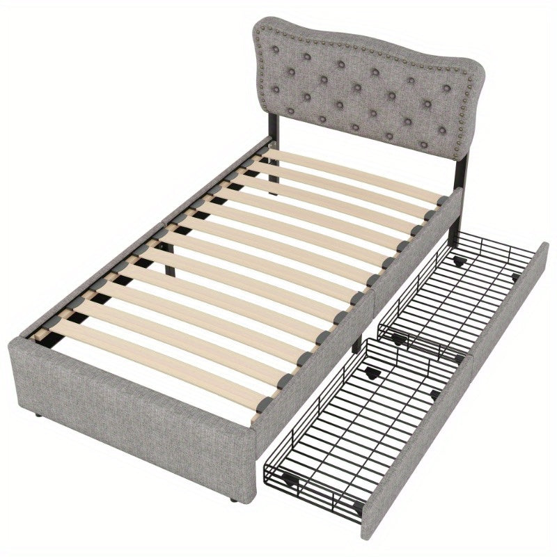 Bedframe – Bed – Eenpersoonsbed – Slaapbank – Bedbank – Moderne Stoffering – 90x200 cm – Met Opbergladen