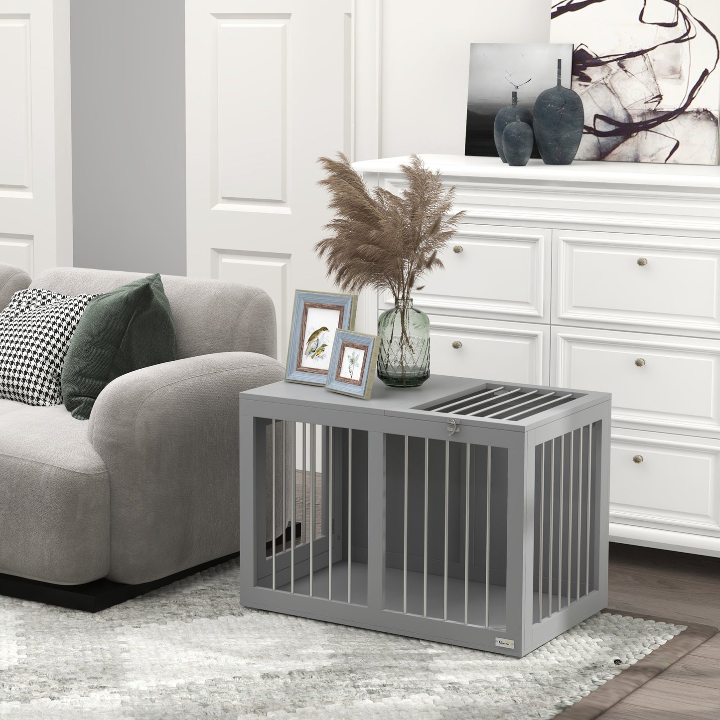 Hondenbench – Hondenkooi – Binnenkennel – Hondenhuis – Reisbench – 2 Afsluitbare Deuren – Verhoogde Bodem – Modern Grijs – 80 x 50 x 56,5 cm