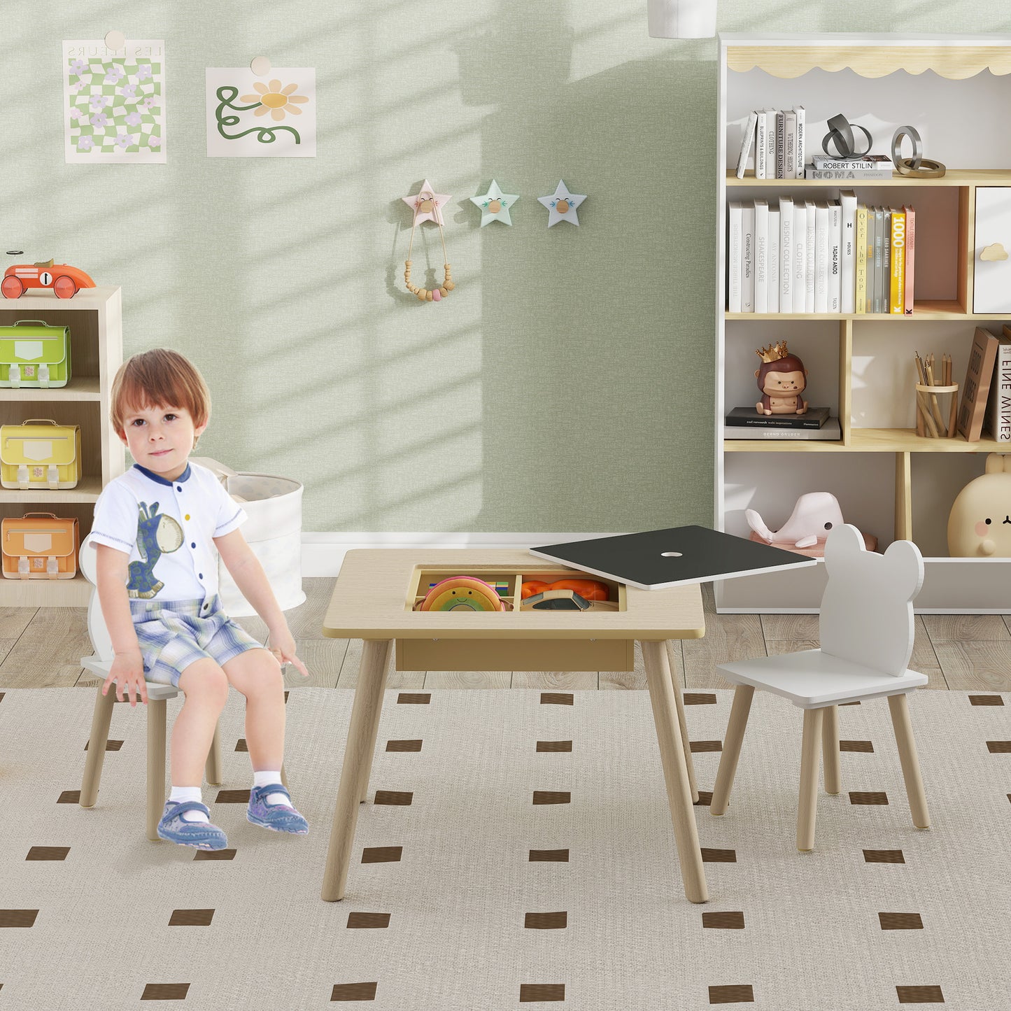 Speelmeubel Kindermeubel Tafelset Kinderstoel Tafel Voor Kinderen – Natuurlijke Houtlook – Krijtbord Reversibel Tafelblad – Handige Opbergruimte