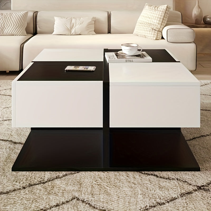 Salontafel – Koffietafel – Tafel – Woonkamertafel – Bijzettafel – Modern Zwart-Wit – 2 Soft-Close Lades – 70x70x35,5 cm – Bamboe Frame – Eenvoudige Montage