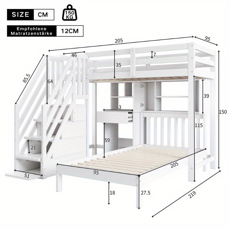 Stapelbed – Multifunctioneel Bed – Hoogslaper – Kinderbed – Tienerbed – Wit – Inclusief Bureau en Opbergruimte – 90x200 cm – Stevig Frame met Lattenbodem – Ruimtebesparend Design