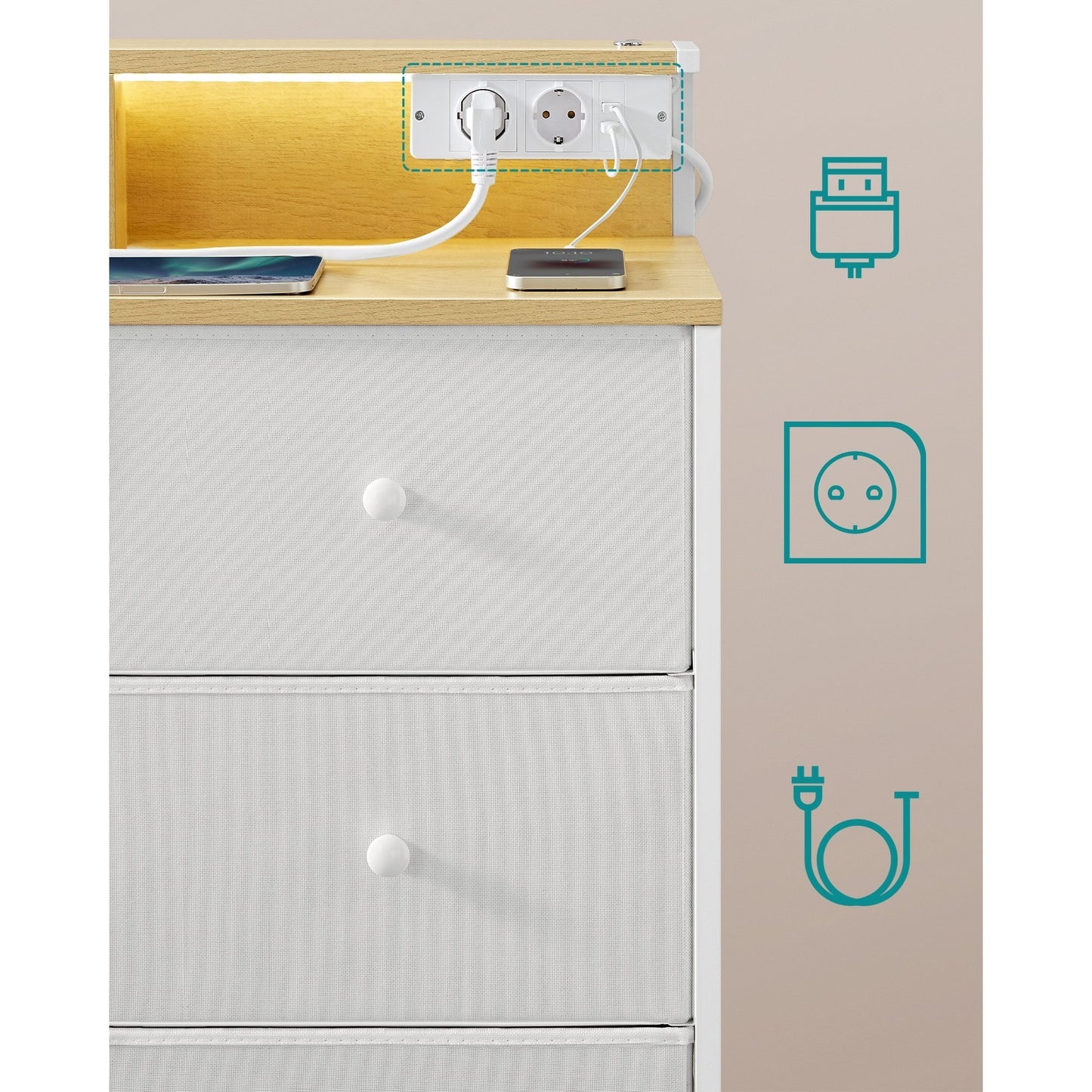 Commode – Ladekast – Opbergkast – Dressoir – Kabinet – Met 9 Lades – Ingebouwde LED-verlichting en USB-poorten – Wolk-wit – Staalframe – 114x33,5x84 cm