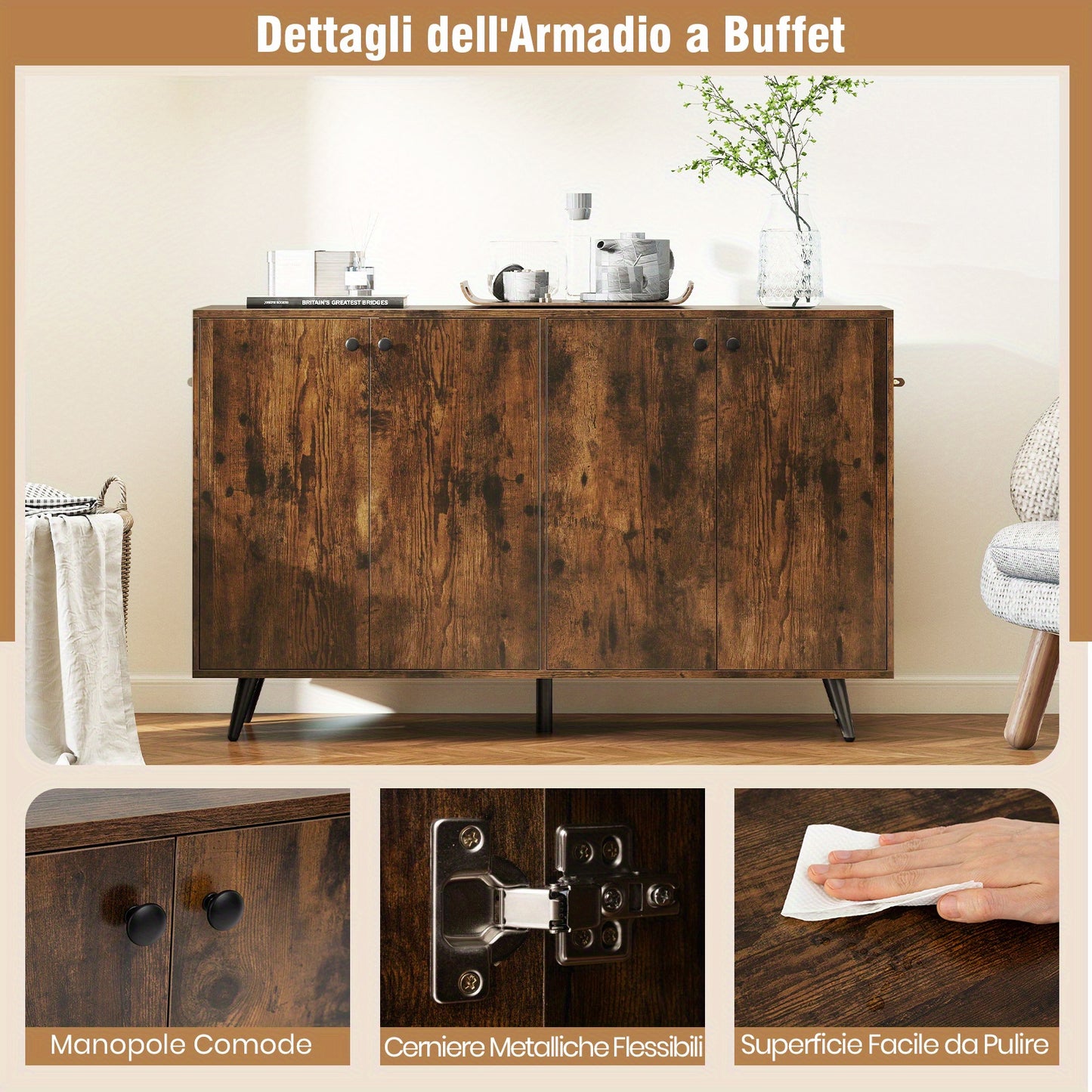 Dressoir – Dressoirkast – Buffetkast – Opbergkast – Ladekast – Houten Dressoir Met 4 Deuren – 5-Voudig Verstelbare Planken – Vintage Stijl 127,5x38x80 cm