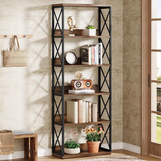 5-Vaks Industrieel Boekenkast – Boekenkast Open Rek – Boekplanken – Boekenkast Vintage – Boekenplank Opbergmeubel – 70 Inch Hoog – Stevig MDF & Metaal