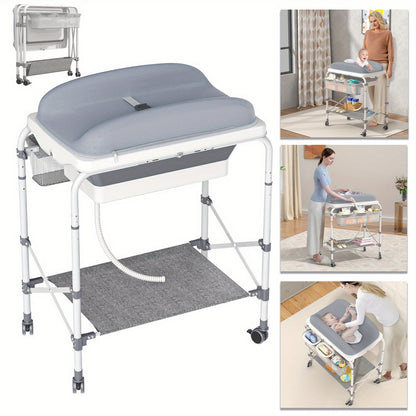 Babycommode Grijs – Verschoontafel – Waskom – Mobiele Commode – 2-in-1 Babymeubel – Inklapbaar Badje – 4 Zwenkwielen – Max Belastbaarheid 50 kg