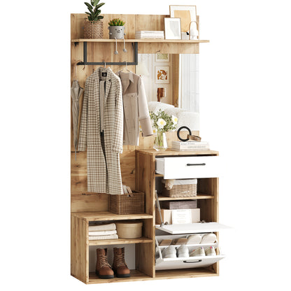 Halmeubel – Kapstok – Schoenenkast – Zitbank – Spiegel – Wit Met Houtlook – Compact Ontwerp 100x38,5x190 cm – Multifunctioneel Met Lade En Opslagruimte