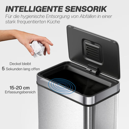Automatische Prullenbak – Sensor Afvalbak – Touchless Afvalemmer – Bewegingssensor Prullenbak – RVS Vuilnisbak – 60 Liter Capaciteit – Batterijgevoed – Zilverkleurig