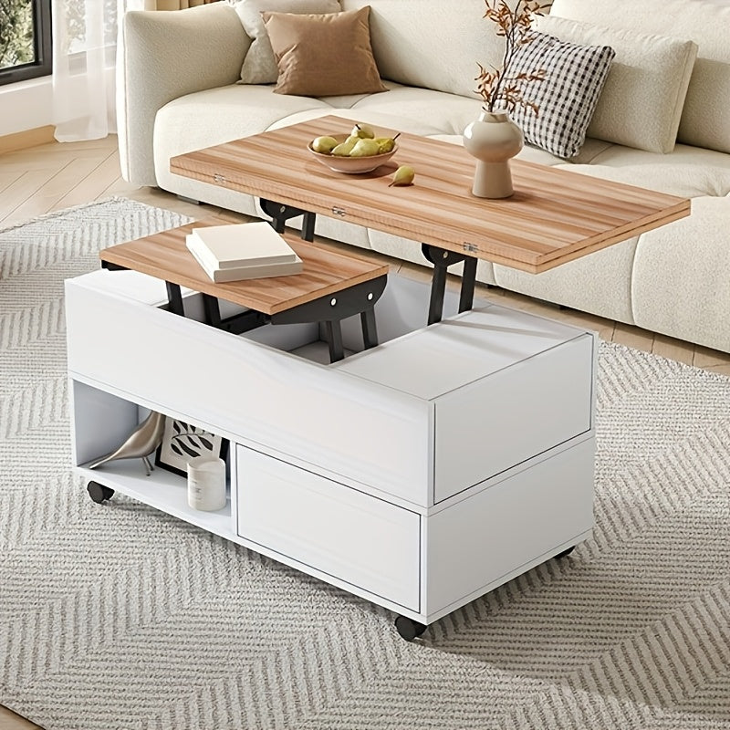 Salontafel – Koffietafel – Bijzettafel – Woonkamertafel – Tafel – Bamboe – Verstelbare Hoogte Met Lift-Top – 4 Lade Opbergruimte Met Wieltjes