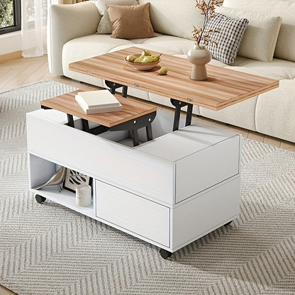 Salontafel – Koffietafel – Bijzettafel – Woonkamertafel – Tafel – Bamboe – Verstelbare Hoogte Met Lift-Top – 4 Lade Opbergruimte Met Wieltjes