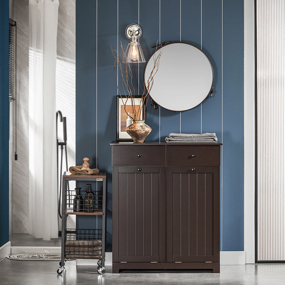 Wasmand – Wassorteerder – Wasbox – Wasmand Kast – Wasmand Met Deksel – Inclusief 2 Uitschuifbare Waszakken – MDF Hout, 78x91x38 cm – Bruin