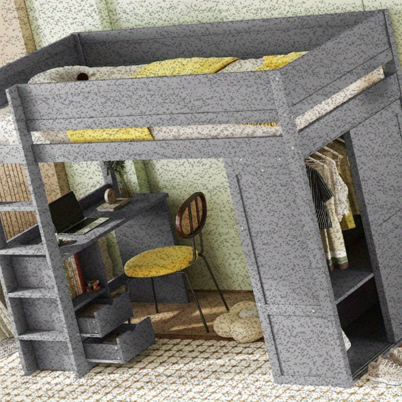 Hoogslaper – Stapelbed – Kinderbed – Eenpersoonsbed – Meubelbed – Ruimtebesparend Design – Stevige Niet-Houten Constructie – Inclusief Kledingkast, Bureau en Lade – Neutraal Grijs – Eenvoudige Montage